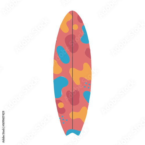 A colorful surfboard with a playful abstract pattern of organic shapes in shades of pink, yellow, and blue.