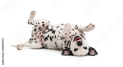Chien Dalmatien joyeux joue sur fond blanc lumiere vive. AI Generated