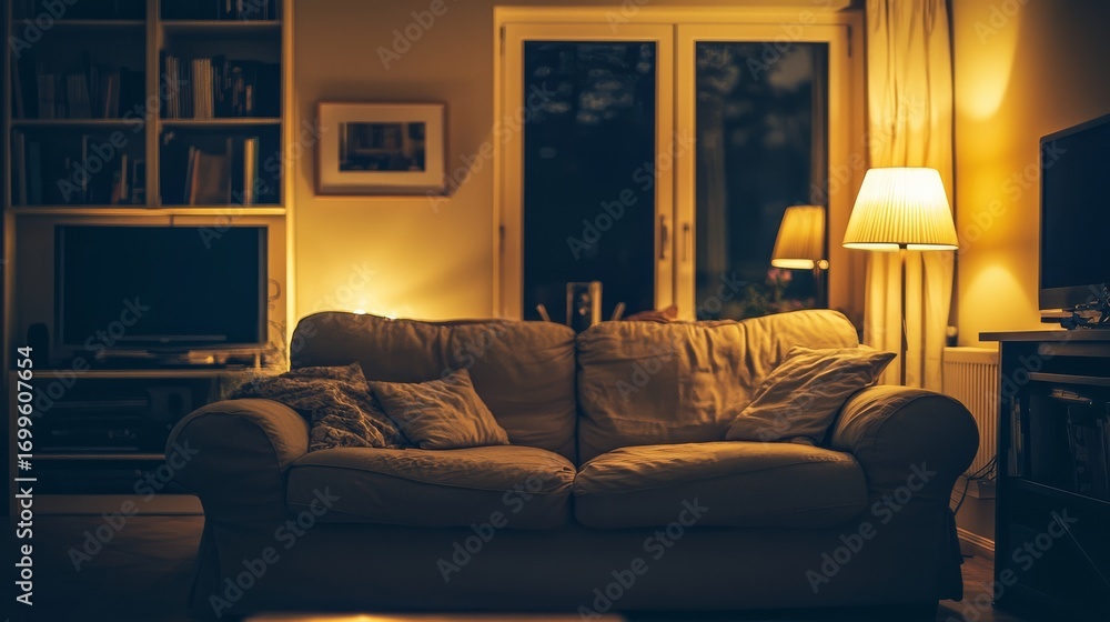 Fototapeta premium Cozy Living Space with Sofa and Elegant Lamp Lighting