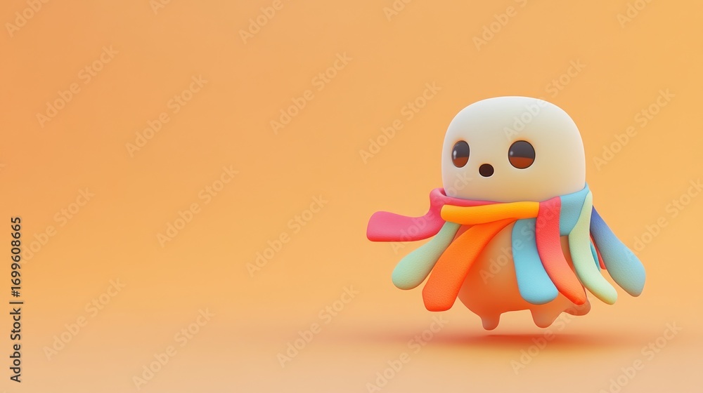 Obraz premium Cute cartoon character with colorful scarf on a peach colored background