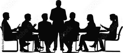 Silhouette of Business Meeting with Team at Conference Table, Office Discussion Scene, Corporate People Collaboration, Leadership and Communication Concept