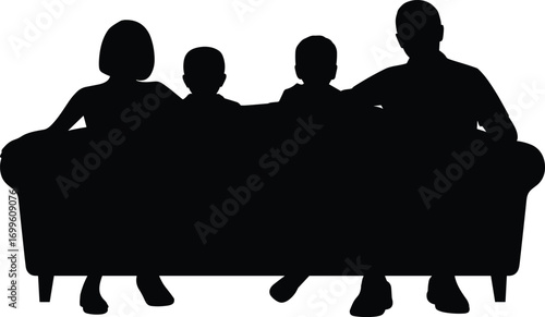 Silhouette of family sitting together on couch, parents with two kids, home comfort, bonding, love, togetherness, family time, relaxation