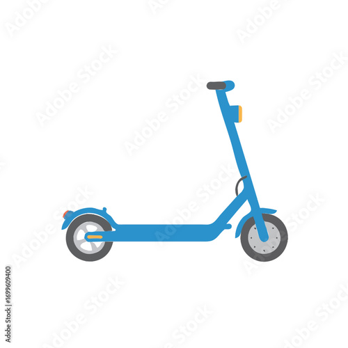 A simple, flat illustration of a bright blue electric scooter with grey wheels and a yellow reflector on the handlebar.