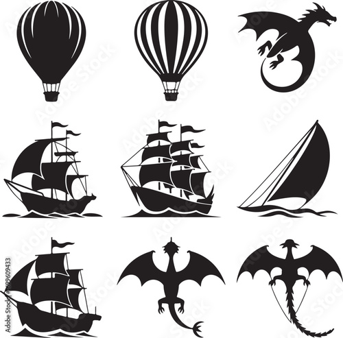Collection of Black Silhouettes of Hot Air Balloons Ships and Dragons hot air balloon silhouette