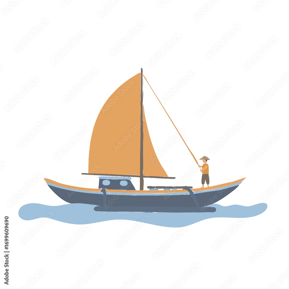Fototapeta premium A lone sailor steers a traditional wooden sailboat with an orange sail across calm blue waters.