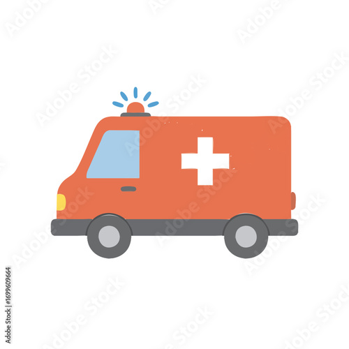 A simple, flat illustration of an orange ambulance with a blue light on top and a white cross on its side.