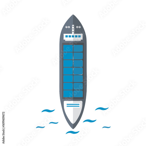 Top-down view of a cargo ship carrying containers on the water.