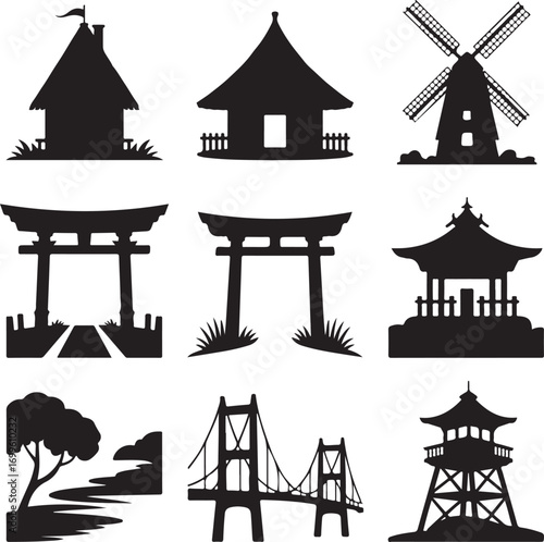 Silhouette collection of houses windmills bridges and a landscape building