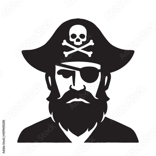 A fearsome pirate captain with a skull and crossbones hat and eye patch silhouette isolated on white background