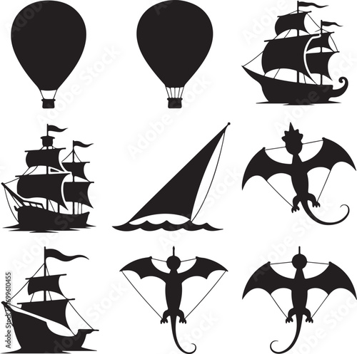 Silhouette collection of hot air balloons sailing ships and dragons airship dirigible