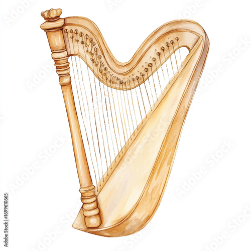 A beautiful watercolor illustration of a wooden harp with many strings.