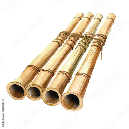 A collection of four bamboo flutes tied together with twine.