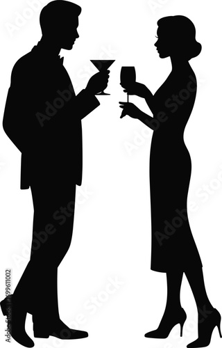 Silhouette of man and woman toasting, elegant couple with wine glasses, romantic celebration, formal dress, party event, cocktail cheers, classy evening scene