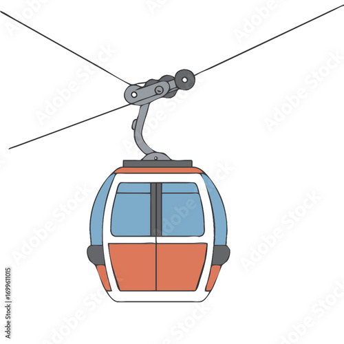 A modern cable car cabin suspended from a wire against a white background, illustrating a mode of aerial transportation.