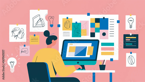 illustration of a designer working on a computer, with a wall full of ideas and sketches vector design template