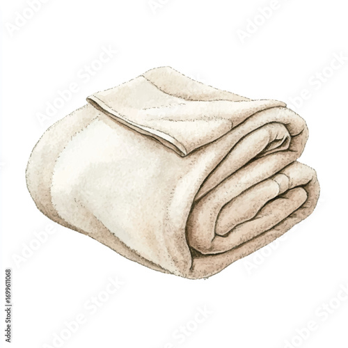 A folded beige blanket with a soft texture and subtle stripes.