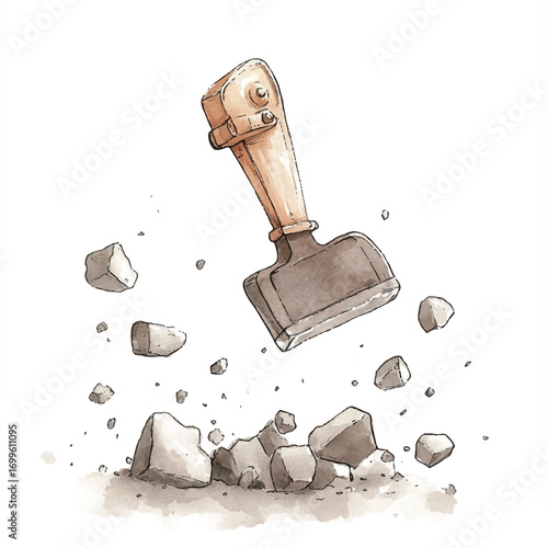A heavy iron hammer breaking rocks.