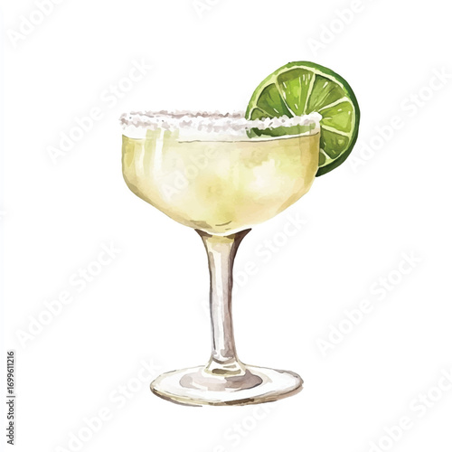 A refreshing margarita cocktail with a salt rim and lime garnish.