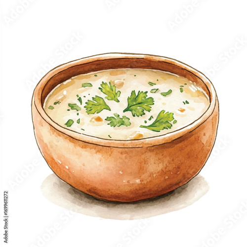 A rustic wooden bowl filled with creamy white soup garnished with fresh cilantro.