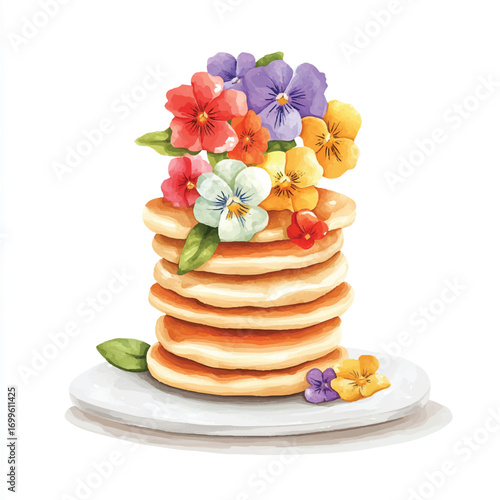 A stack of pancakes topped with colorful flowers.