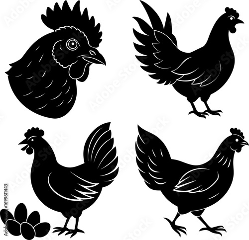 Hen silhouette vector, Black silhouette of Hen vector bundle logo illustration set, Hen head art, Hen vector illustration