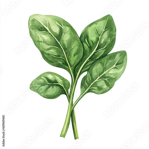 A vibrant watercolor illustration of fresh green spinach leaves.