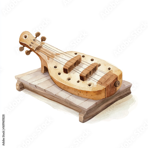 Acoustic hurdy gurdy musical instrument on a wooden stand.