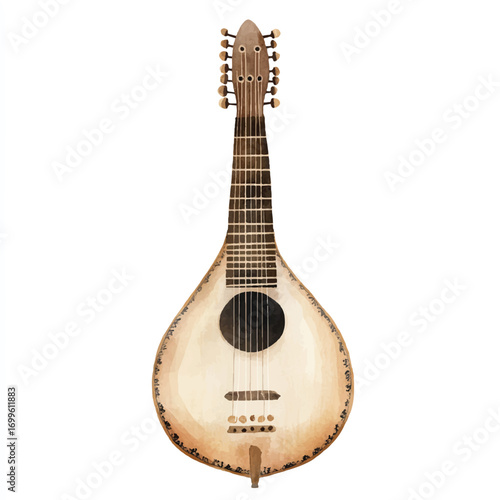 Acoustic mandolin with a pearshaped body and many strings.