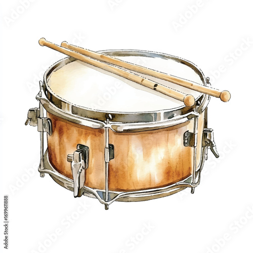 Acoustic snare drum with drumsticks resting on top.