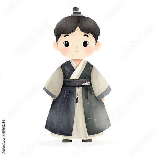 Adorable Cartoon Boy in Traditional Korean Hanbok.