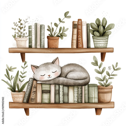 Adorable gray cat sleeping peacefully on a wooden bookshelf with books and plants.