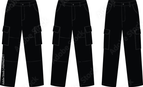 Silhouette of Three Black Cargo Pants, Front View, Fashion Apparel Design Illustration, Utility Style Trousers for Men and Women