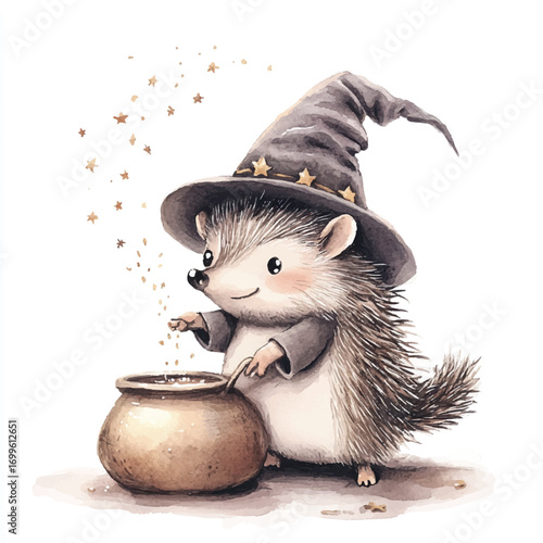 Adorable hedgehog wizard brewing magic potion.