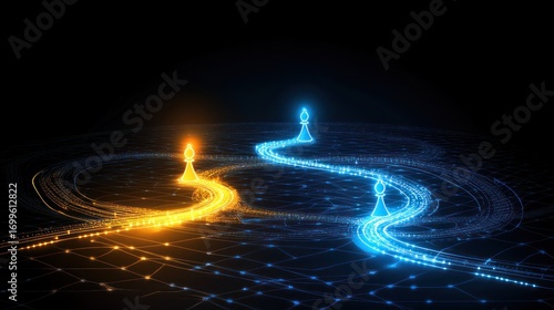 Luminous Chess Pawns: Contrasting Paths on Digital Grid, Strategic Game Concept