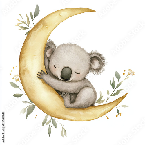 Adorable koala sleeping peacefully on a crescent moon.