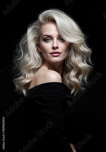 Grace and Allure Portrait: An evocative studio portrait of a woman, bathed in dramatic light, showcasing the beauty of blonde hair, conveying sophistication and refined elegance.
