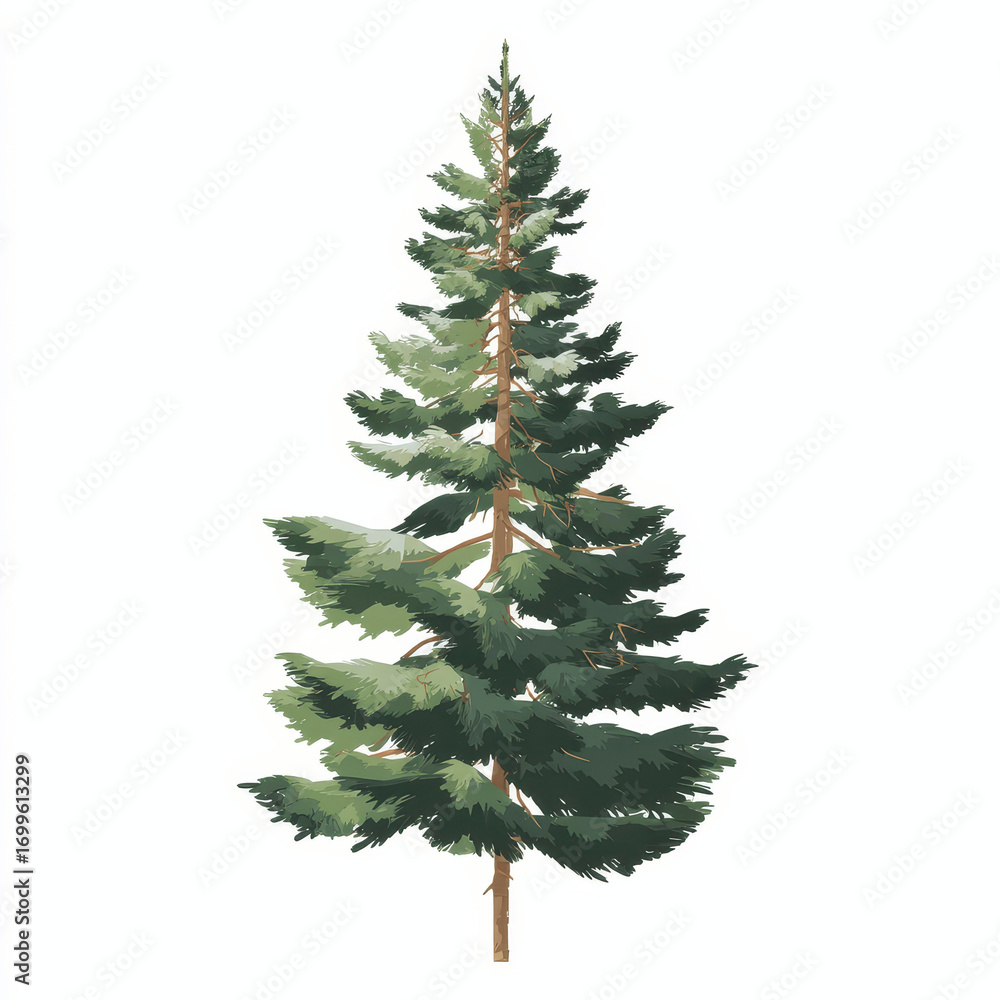 Fototapeta premium Tall Evergreen Pine Tree on White Transparent background - Isolated Botanical Illustration
