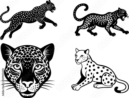 Leopard silhouette vector, Black silhouette of Leopard vector bundle logo illustration set, Leopard head art, Leopard vector illustration