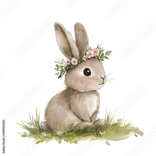 Adorable Watercolor Bunny with Flower Crown Sitting in Grass.