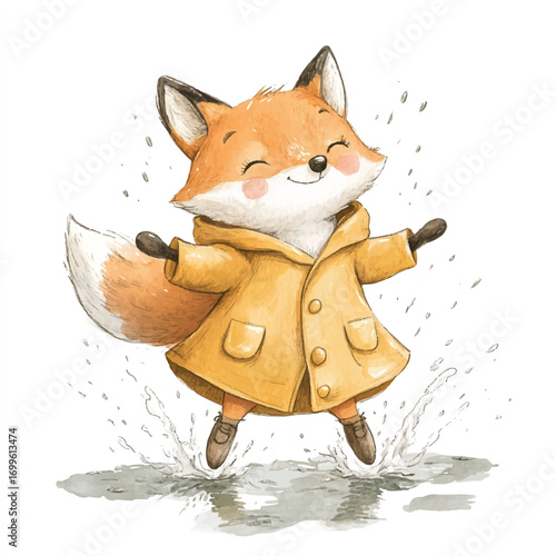 Adorable watercolor fox character in a yellow raincoat jumping.