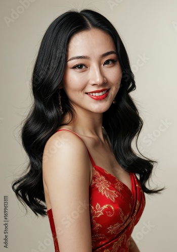 Wallpaper Mural Grace and Radiance: A captivating portrait of an elegant woman exudes confidence and serenity, with long flowing black hair and a radiant smile, embodying timeless beauty and inner peace. Torontodigital.ca