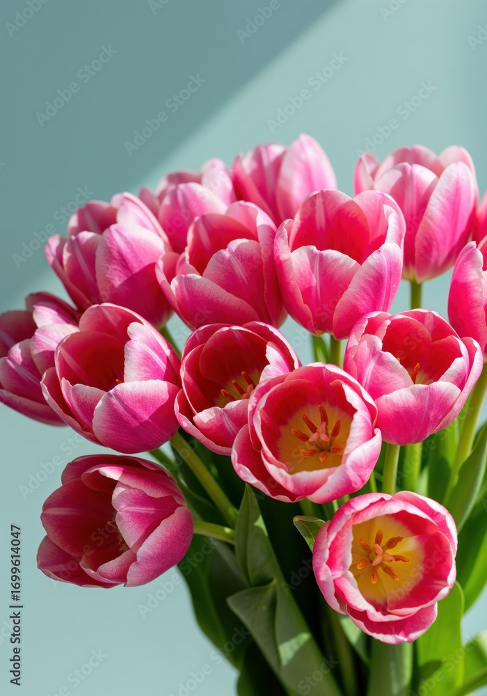 Obraz premium Blossom Bouquet: A vibrant bouquet of pink tulips is elegantly arranged, showcasing their velvety petals and cheerful beauty, offering a vibrant symbol of spring and renewal.