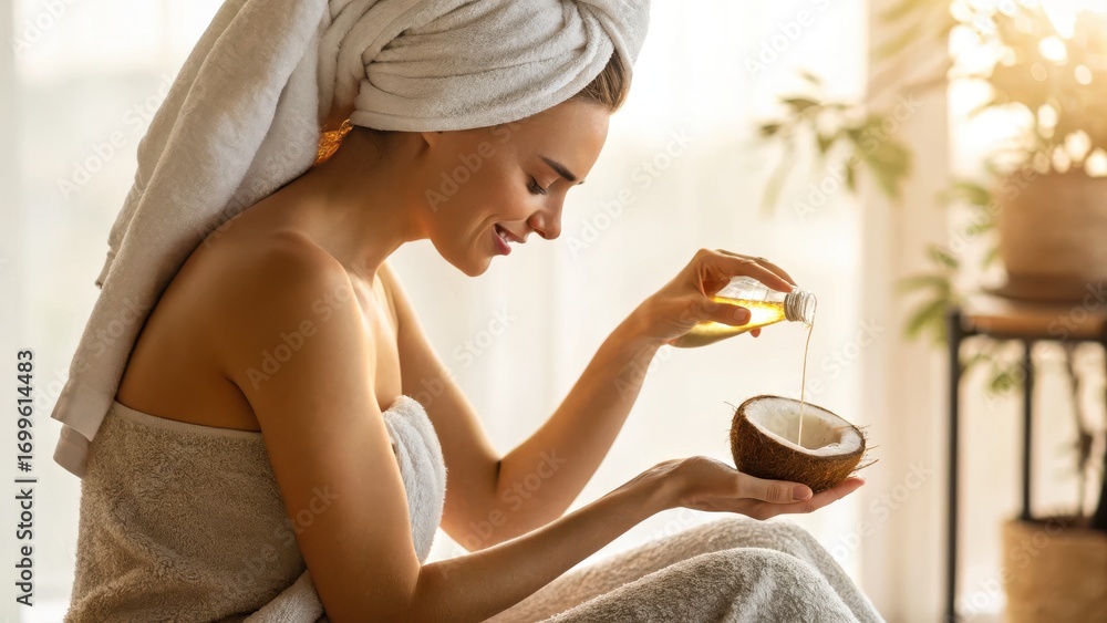 Naklejka premium Woman Pouring Oil into Coconut Half While Wrapped in Towels