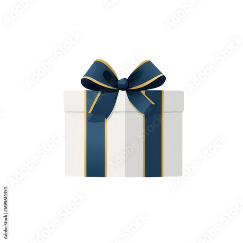 Elegant White Gift Box with Navy and Gold Ribbon