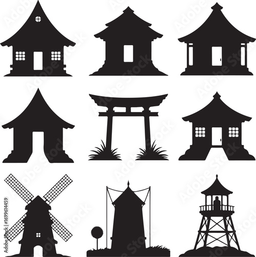 Silhouette collection of diverse architectural structures and windmill Keywords: silhouette
