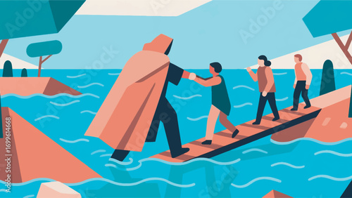 illustration of a person in a robe helping another person cross a flood vector design template