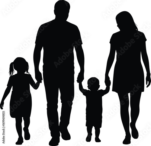 Silhouette of young family walking hand in hand, parents with two children, outdoor bonding, parenting, love, unity, togetherness, lifestyle scene