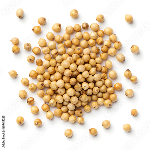 Sorghum grains isolated on white background, showcasing small, round grains valued for their gluten-free,