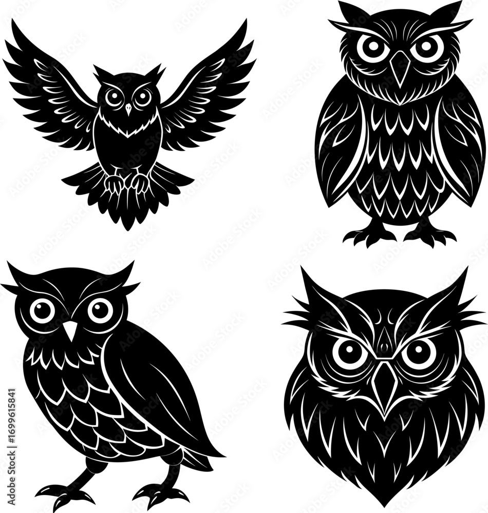 Obraz premium Owl silhouette vector, Black silhouette of owl vector bundle logo illustration set, owl head art, owl vector illustration