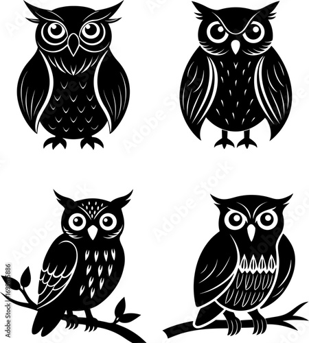 Owl silhouette vector, Black silhouette of owl vector bundle logo illustration set, owl head art, owl vector illustration